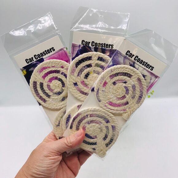 Rope Car Coasters Boho Purple Pansies Cream One Set of 2  For Car Cup Holders - Picture 1 of 5